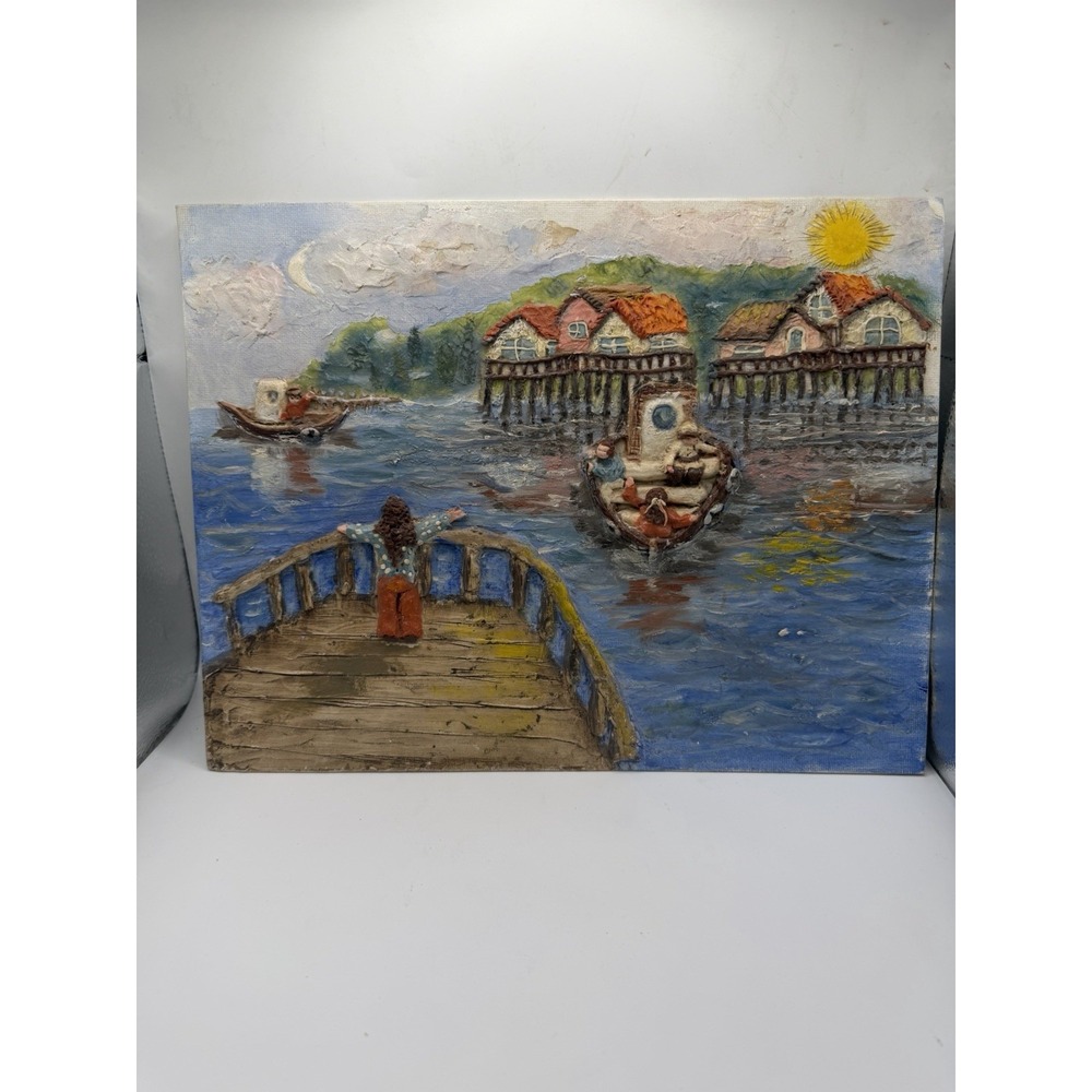 2003 Chile Folk Art Mixed Media Clay Painting Fishing Village Boats 27x35cm